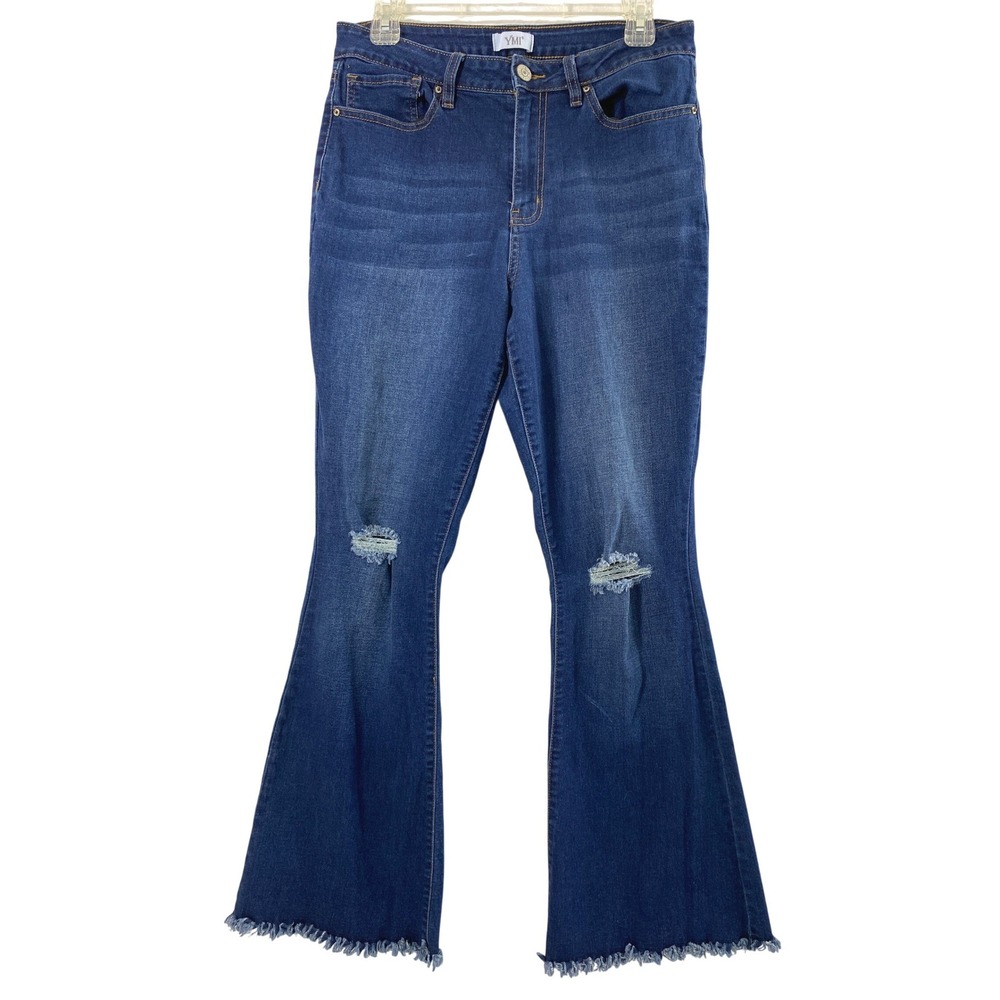 YMI Jeans Womens 11/30 Flare Distressed Raw Hem Dark Wash Boho Retro Denim